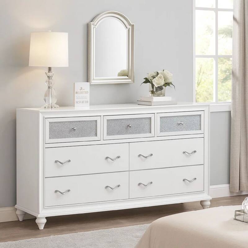 Dresser with 7 Drawers and Glitter Acrylic Front, White