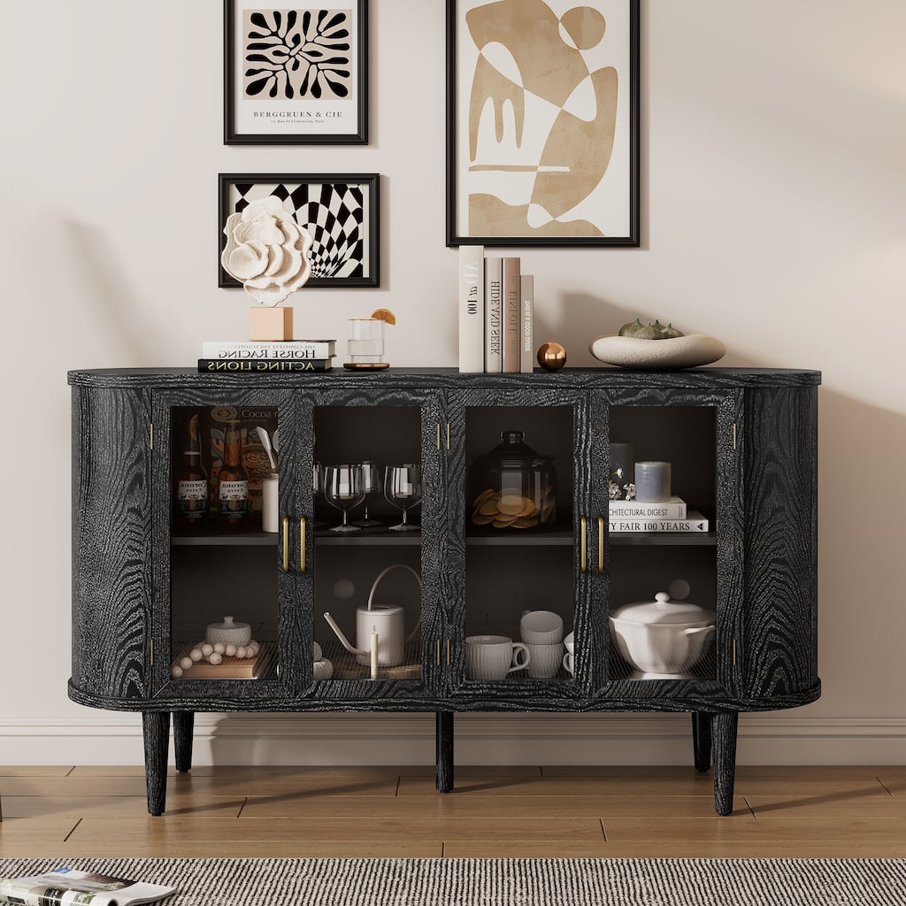 4-Door Large Storage Sideboard Cabinet with Semi-Circular Handles and Adjustable Shelves