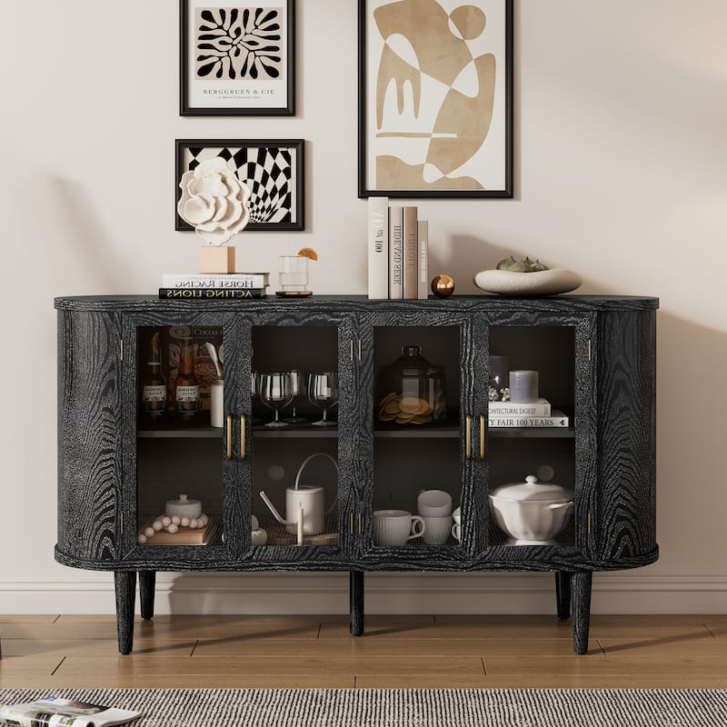 Anmytek Curved Glass Door Sideboard with Gold Handles Dark Wood Farmhouse Buffet Console - Black