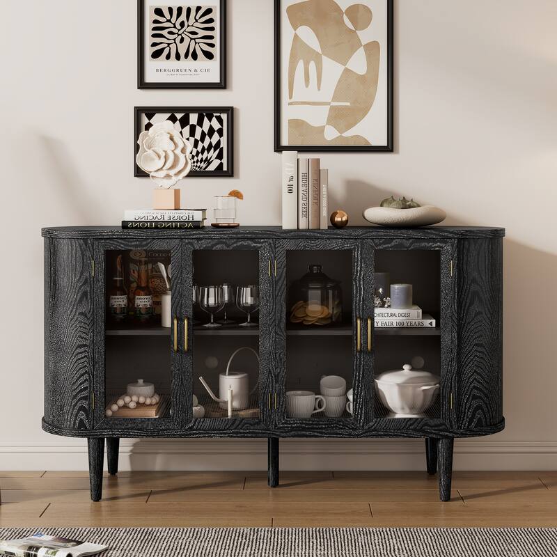 Farmhouse Sideboard Cabinet with Storage, Wood Buffet Cabinet with Glass Doors and Adjustable Shelves - Black