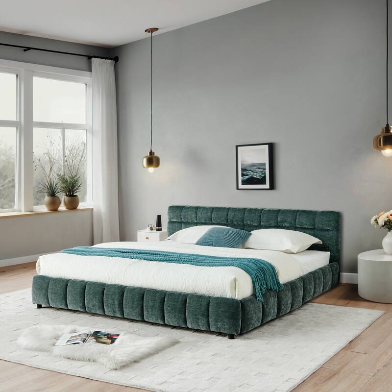 Block Thick Chenille Low Profile Platform Bed Fabric Upholstered Bedframe with Headboard Solid Wood Frame - Optional Storage Bed