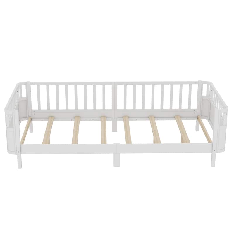 Multi Size Low Platform Bed for Kids with Rounded Corners Guardrails, Detachable Right-side Fence and Open Left-side Design