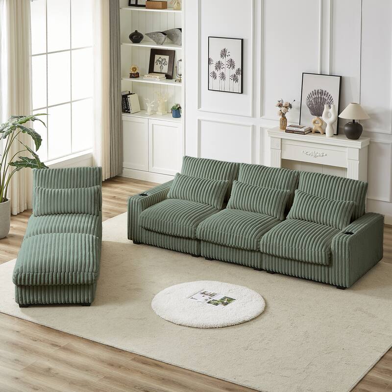 Modern 126-inch Corduroy Sofa with 4 Cushions, Movable Footrest, USB Ports, and Cup Holders