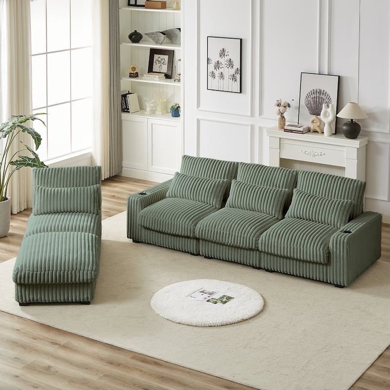 Super Large 126-Inch Corduroy L-Shaped Sofa with Cup Holders, USB Port, Movable Footrest, and 8 Cushions.