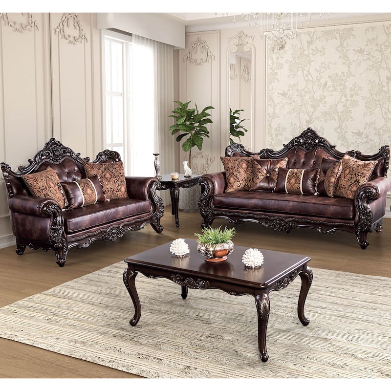 Furniture of America Wasing Traditional 2-Piece Formal Tufted Back Sofa and Loveseat Set - Light Brown