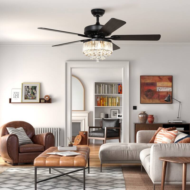 52'' Modern Crystal Ceiling Fan Chandelier with Light Kit and Remote - Black