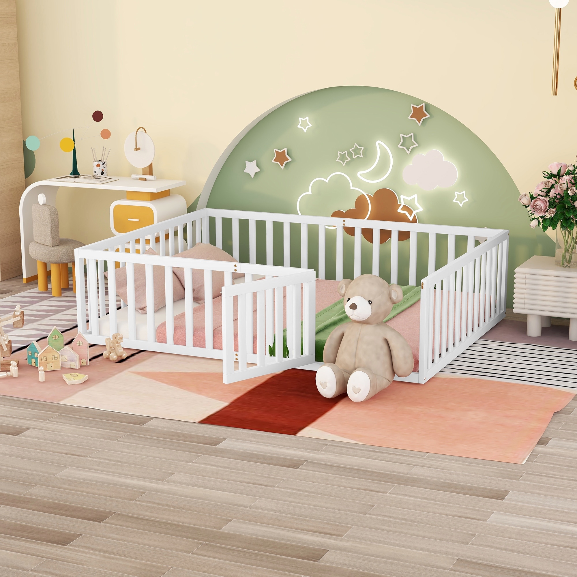Queen Size Wood Floor Bed Frame with Fence and Door, White