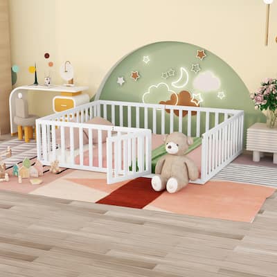 Queen Solid Wood Floor Bed with Fence & Door