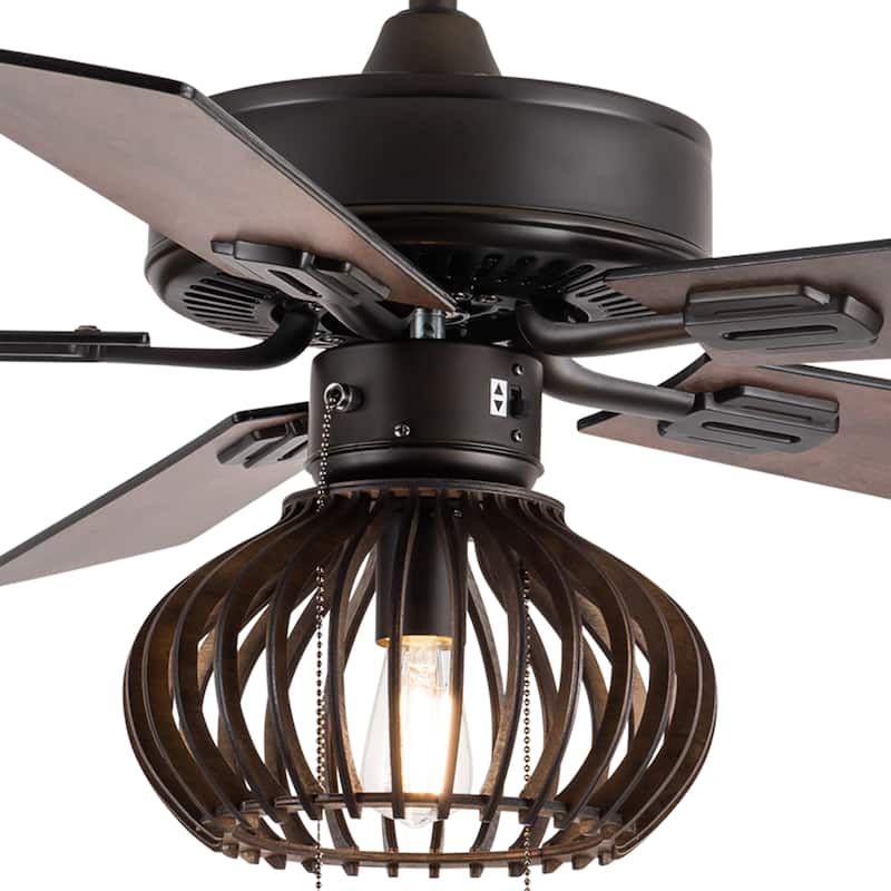 Leigh River of Goods Brown Oil-Rubbed Bronze and Wood Caged Ceiling Fan with Light - 42" x 42" x 15"/20"