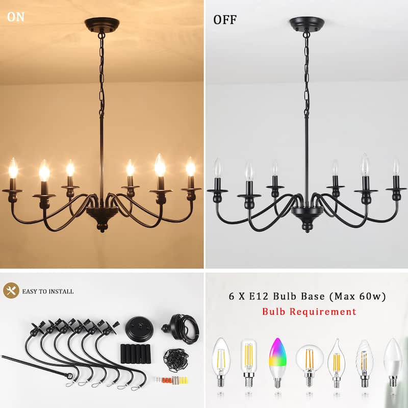 Modern Chandelier, Farmhouse 6-Light Metal Candle Chandelier for Dining Room Living Room Bedroom Kitchen - W28.34"x H16.33"