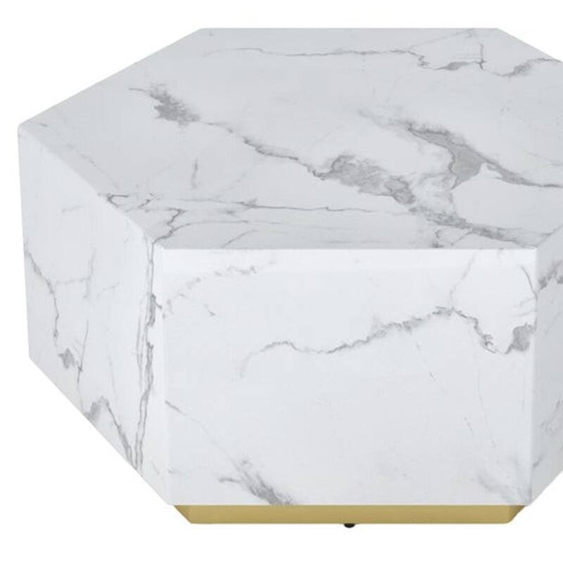 HomeRoots 35" White And Gold Faux Marble Hexagon Drum Coffee Table - 35' X '15.7' X '30.3