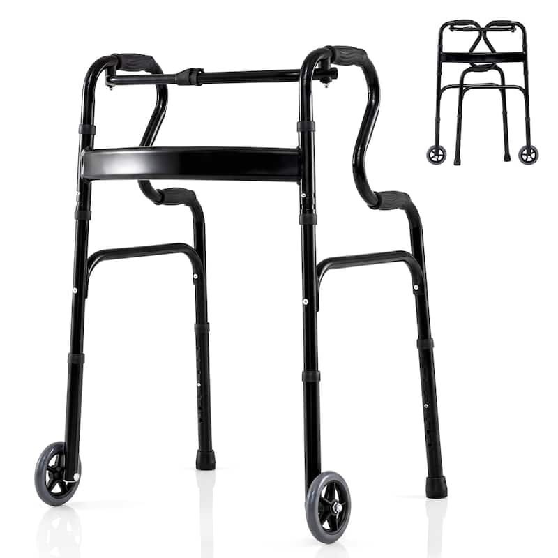 Gymax Heavy-Duty Folding Walker w/Unidirectional Wheels & Armrests - Black