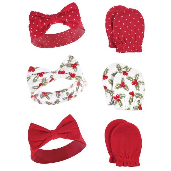 slide 1 of 1, Hudson Baby Infant Girl Cotton Headband and Scratch Mitten 6pc Set, Holly, 0-6 Months - Holly Holly - 0-6 Months