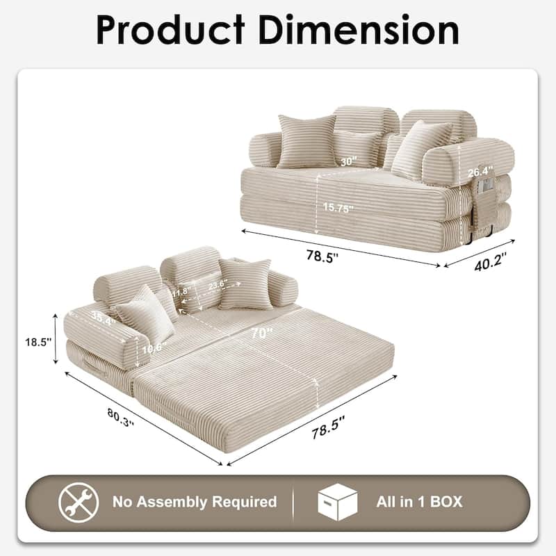Convertible Sleeper Sofa Bed, 78.5" Corduroy Foldable Loveseat Sofa, King Size Floor Mattress Couch, No Assembly Required