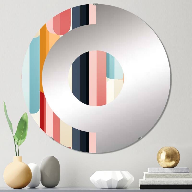 Designart "Pink Groovy Retro Striped Illusion" - Mid-Century Striped, Abstract Half Circle Wall Mirror