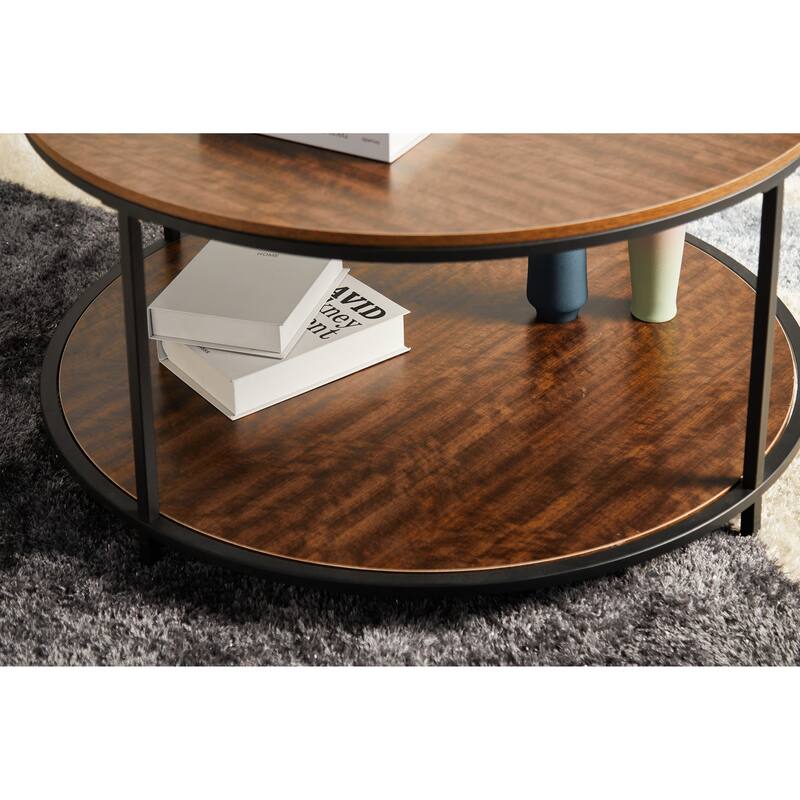 Round Coffee Table with Storage Tray and Lower Shelf Two Tier Modern Design