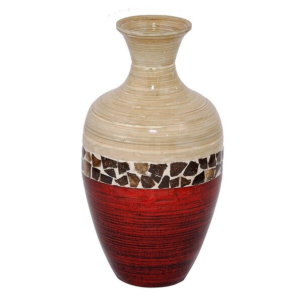 20" Spun Bamboo Vase - Bamboo In Natural Bamboo And Metallic Red W/ Coconut Shell