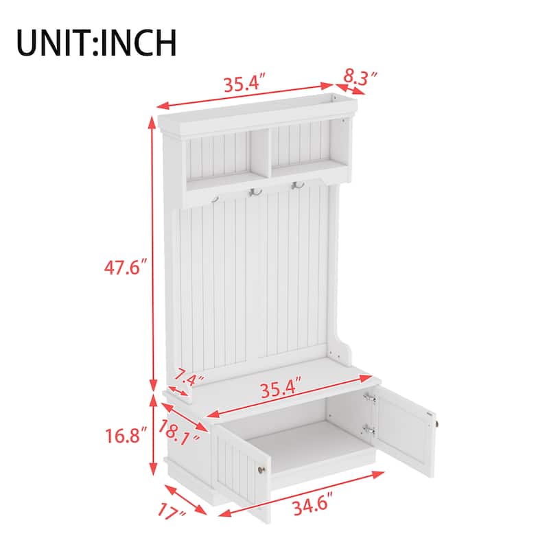GDFStudio - Cherry Hall Tree with Shoe Bench, Coat Hooks and Display Shelves - 4-in-1 Entryway Organizer
