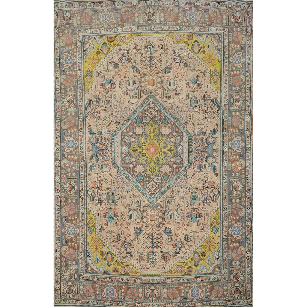 Hand Knotted Oriental 100% Wool Carpet Traditional Floral Peach Tabriz Area Rug - 9' 4'' X 6' 7''