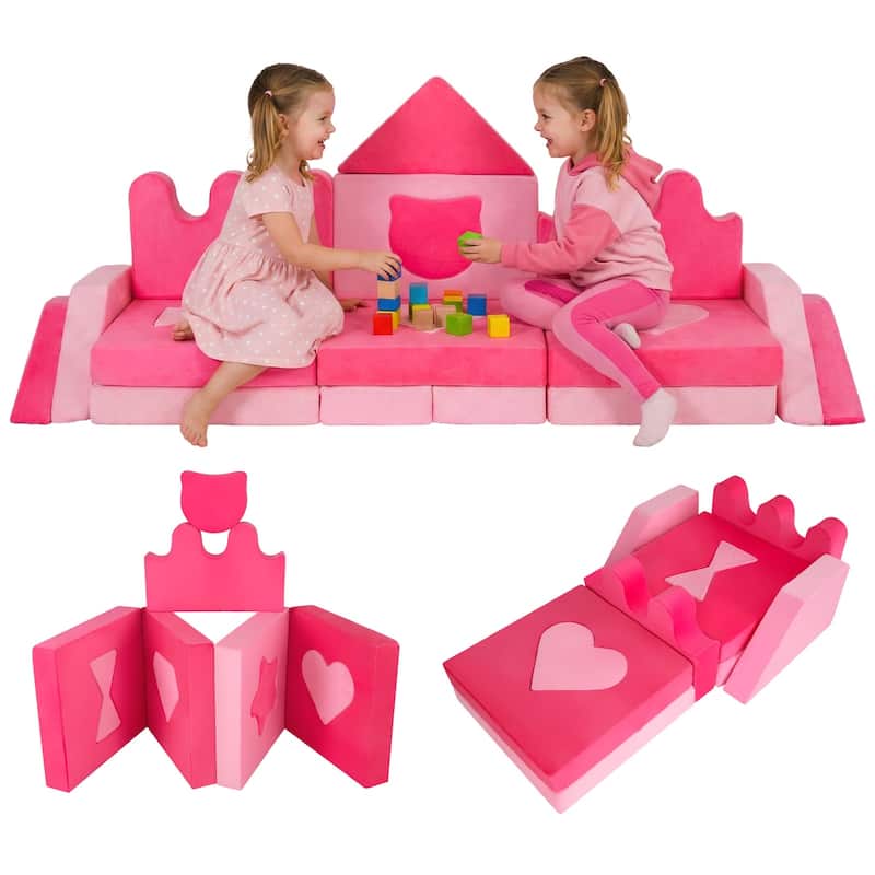 Gymax 14 Piece Kids Play Couch Modular Foam Climbing Blocks for Kids - Pink - Kids