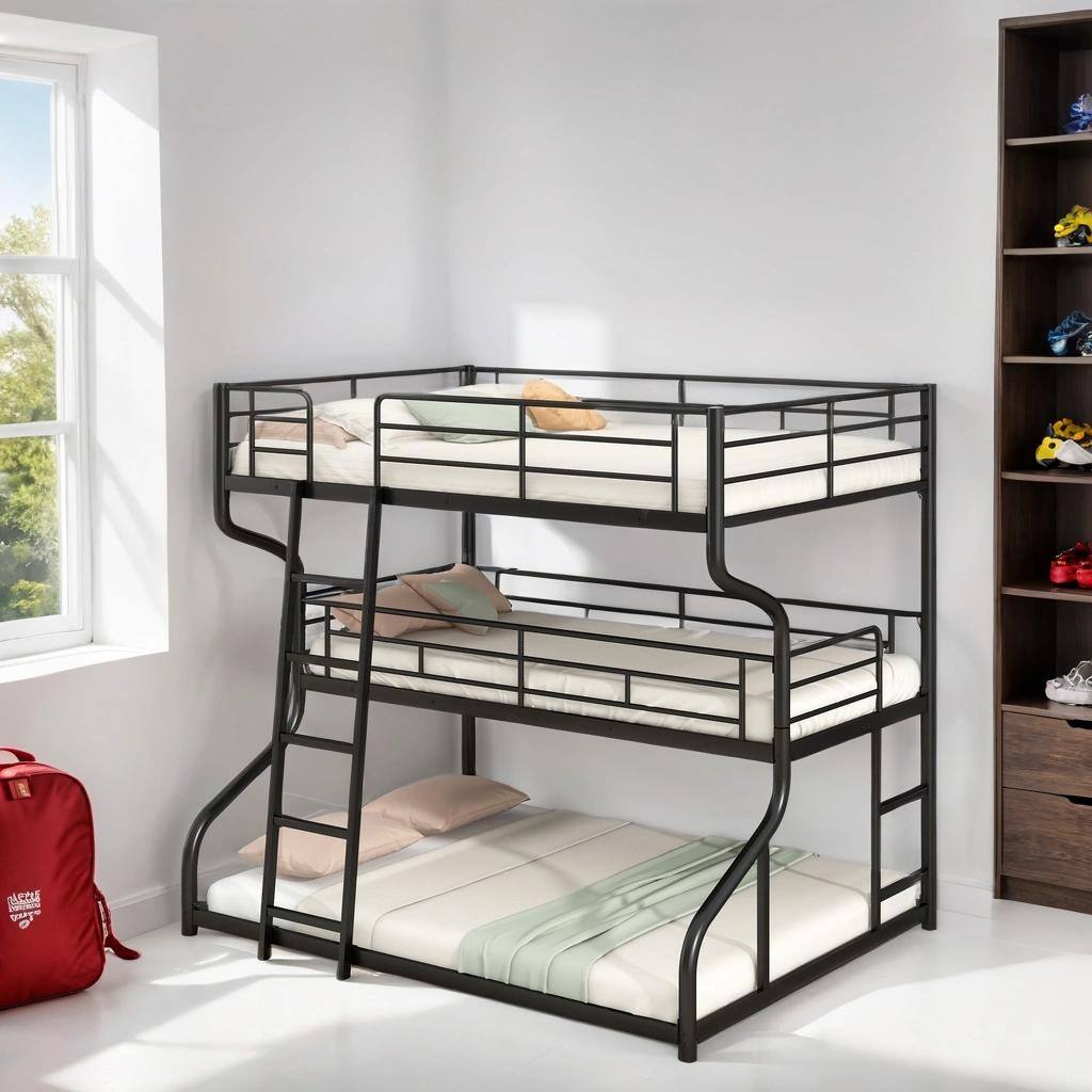 Full XL over Twin XL over Queen Size Bunk Bed with Long and Short Ladder, Triple Bunk with Ladder and Guardrail, Black