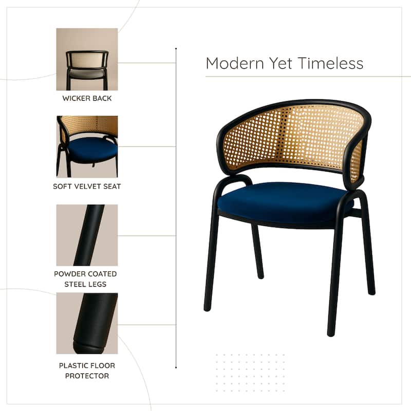 Ervilla Ergonomic Wicker Back Velvet Accent Dining Armchair with Powder Coated Steel Legs Protective Pad