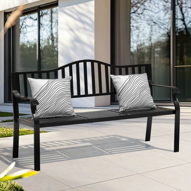 E-Coated Metal Frame Outdoor Bench with Backrest and a Built-In Small Table, Black