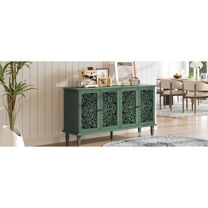 60" Antique Floral Carvings Buffet Cabinet with Adjustable Shelves