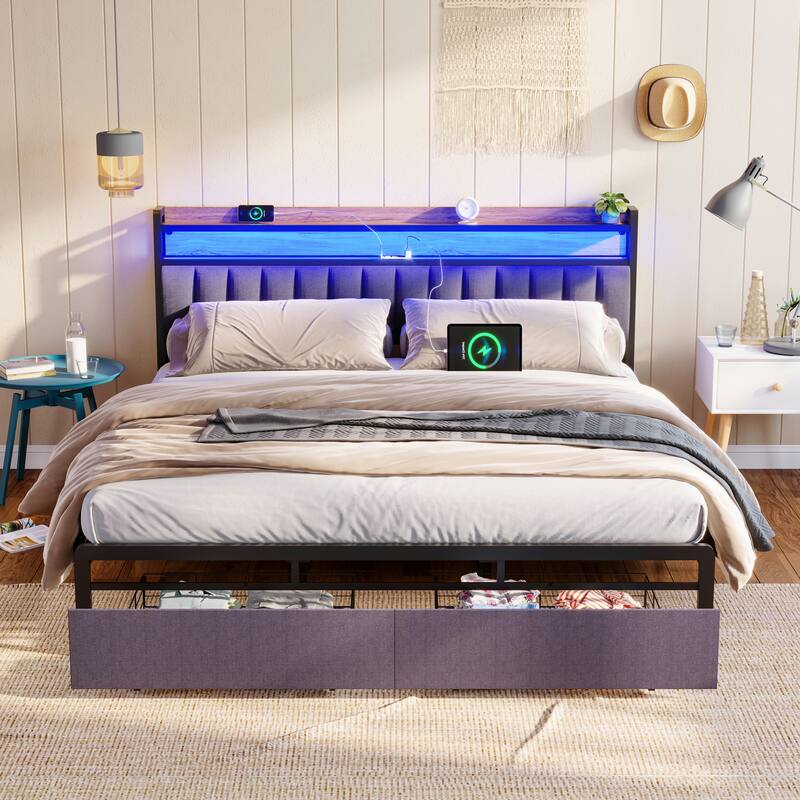 King Bed Frames with Storage Headboard and Drawers, LED Upholstered Bed
