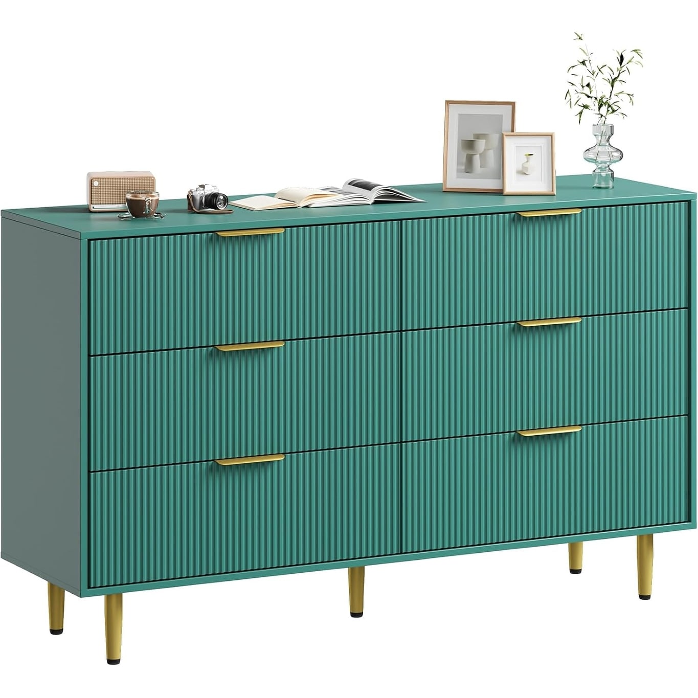 6-Drawer Fluted Wooden Dresser with Metal Handle & Feet
