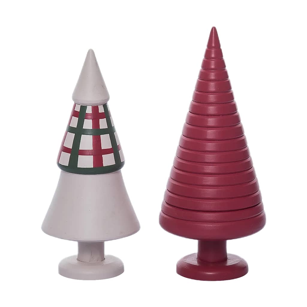 Transpac Wood 7.87 in. Multicolor Christmas Carved Gingham Tree Decor Set of 2