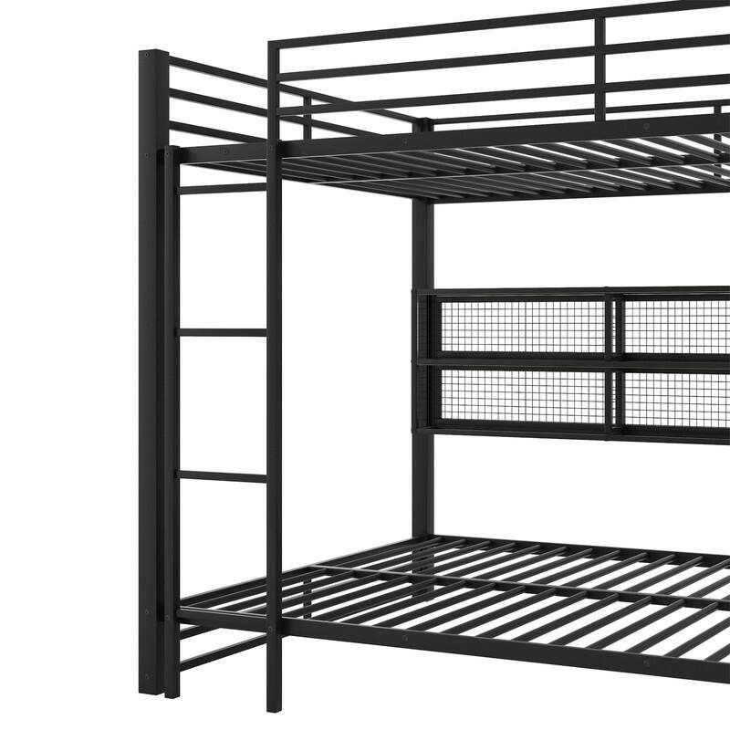 Queen Over Queen Size Bunk Bed with LED Light and Storage Cabinets, Metal Bunk Bed with Storage Shelves, Ladder and Guardrail