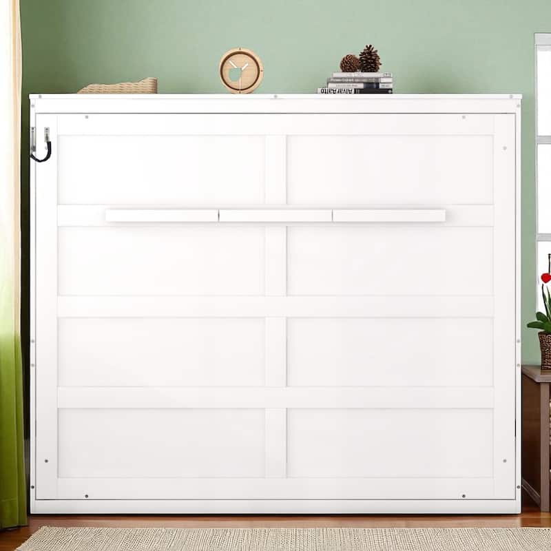 Full/Queen Size Murphy Wall Bed with Folding Cabinet, Piston Lift Mechanism, Slatted Base, Space-Saving Design
