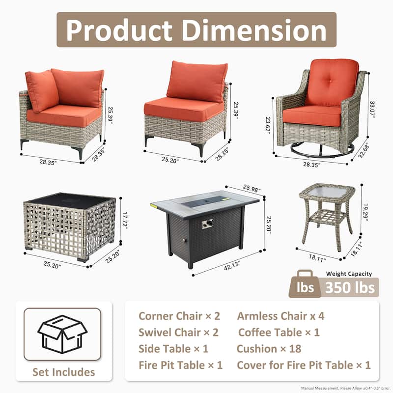 OVIOS 11 Pieces Outdoor Wicker Swivel Chair Set With Solar-Powered Coffee Table&Fire Pit