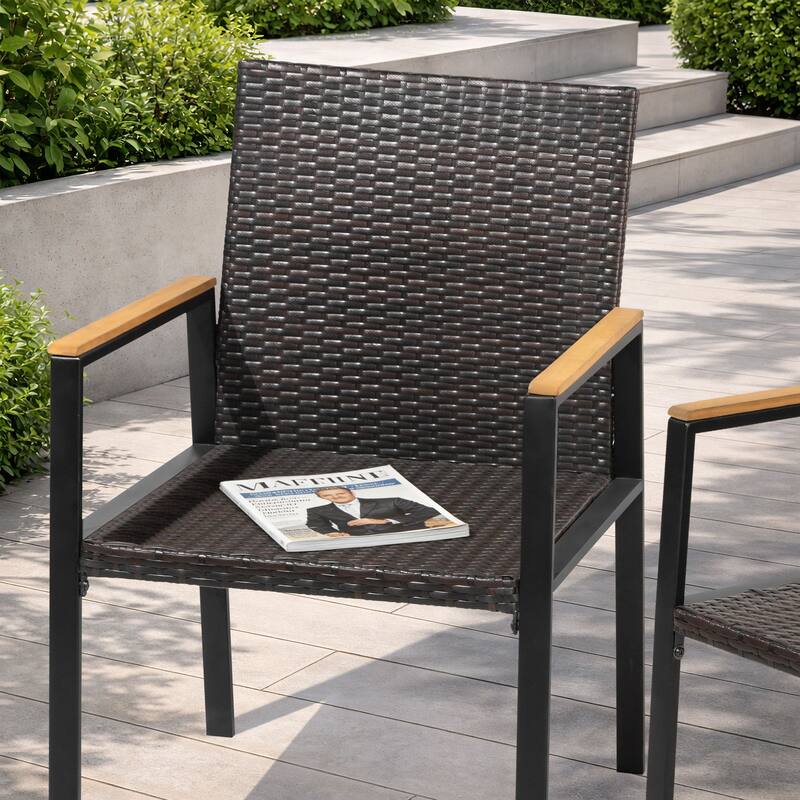 All Weather Wicker Patio Chairs Set of 2, Acacia Wood Armrests