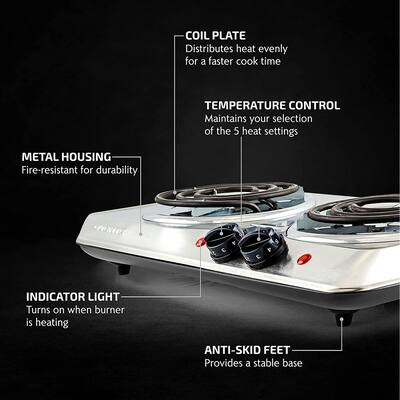 Ovente Electric Double Coil Burner 6 & 5.75 Inch Hot Plate Cooktop with Dual 5 Level Temperature Control, Silver