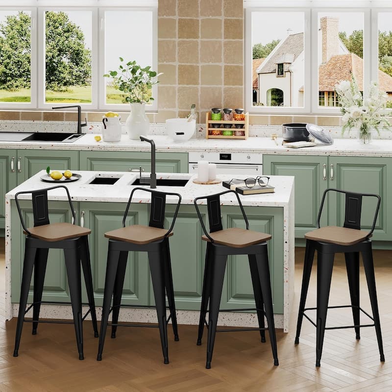 Swivel Counter Stools with Metal Frame Farmhouse Counter Chairs with low Back 24" Kitchen Bar Furniture Stools with Wooden Seat