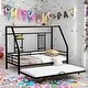 preview thumbnail 21 of 38, Metal Twin Size House Bed with Trundle and Built-in Shelf and Grid Black