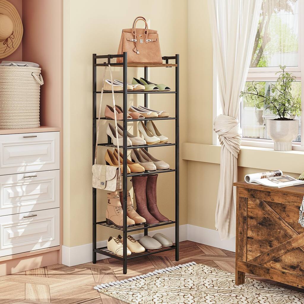 8 Tier Narrow Shoe Rack, Shoe Shelf Storage Unit with 7 Metal Shelves, Saving Space Shoe Organizer, Hold 14-18 Pairs of Shoes