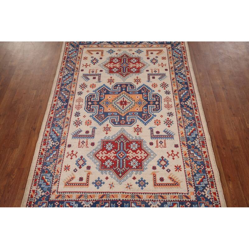 Geometric Beige / Ivory Kazak Accent Rug Hand-Knotted Wool Carpet - 4'0" x 6'1"