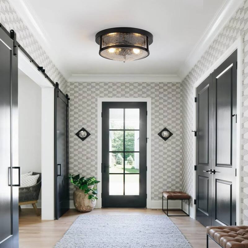 Modern 2-Light Crackle Textured Glass Flush Mount Ceiling Light 11.8in