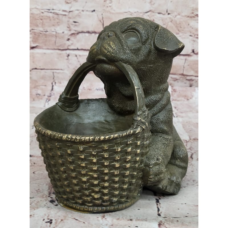 Bronze Pug Puppy Holding Woven Basket – Dog Figurine
