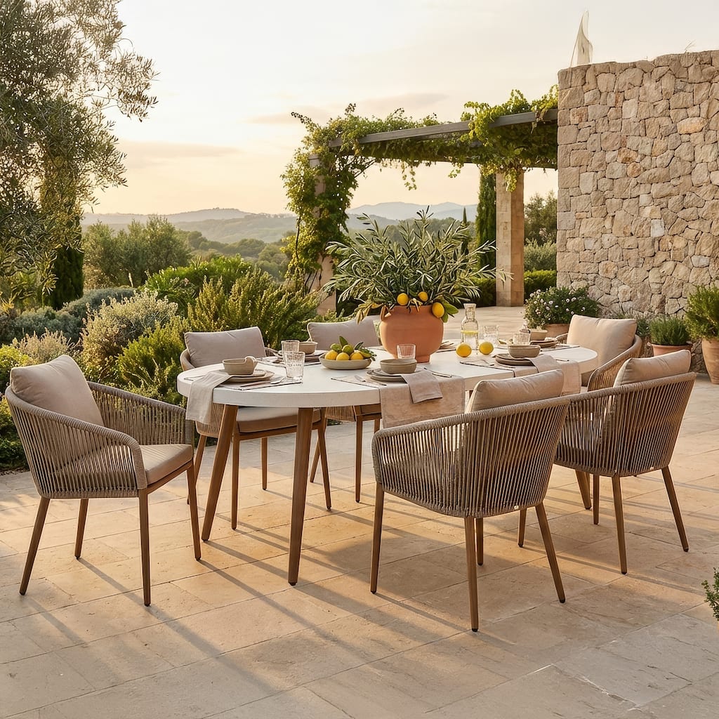 Yami Outdoor Dining Table, 80 Inch Oval Faux White Stone Top, Brown