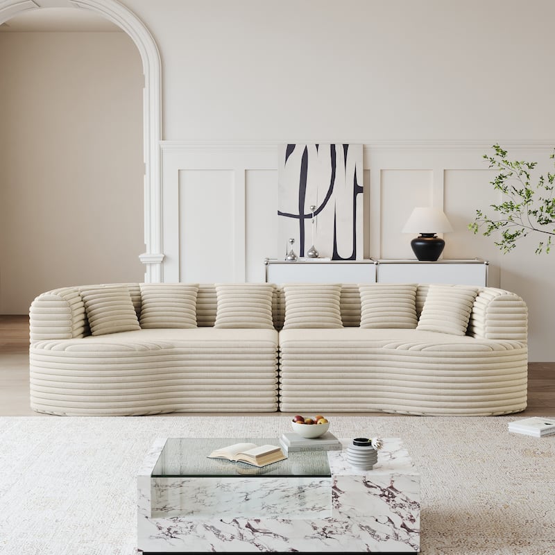 Corduroy Curved Chaise Sectional Sofa with Deep Seating and 6 Pillows - Beige