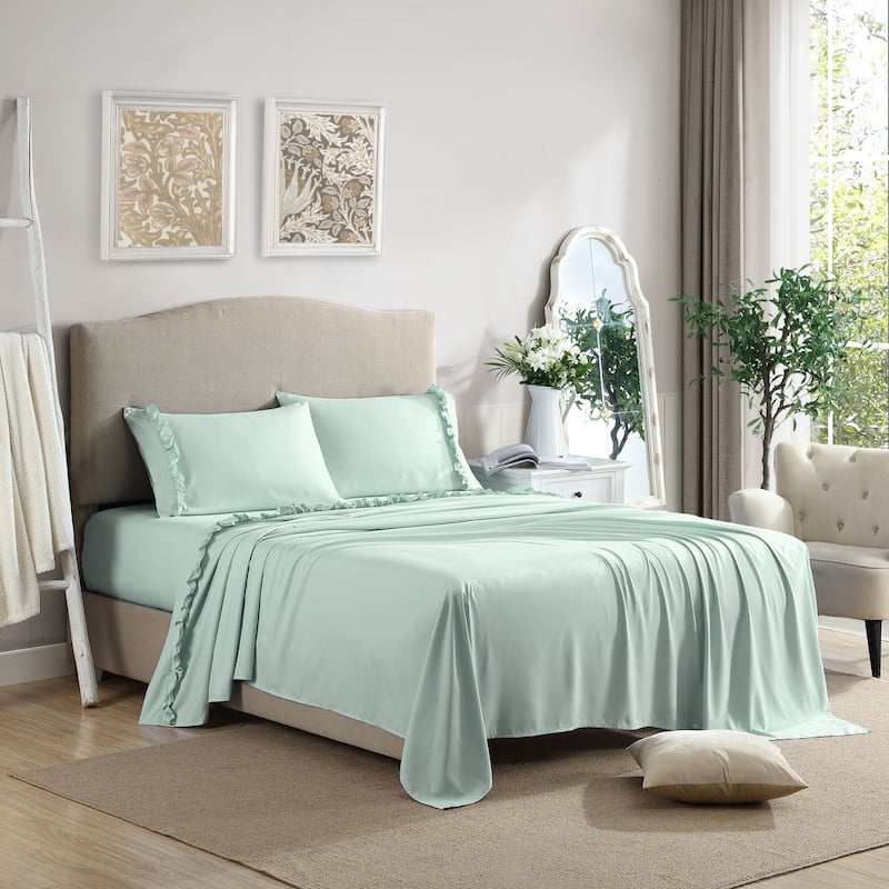 Home Essential Luxurious Silky Ruffle Hem Microfiber Bedding Sheet Set