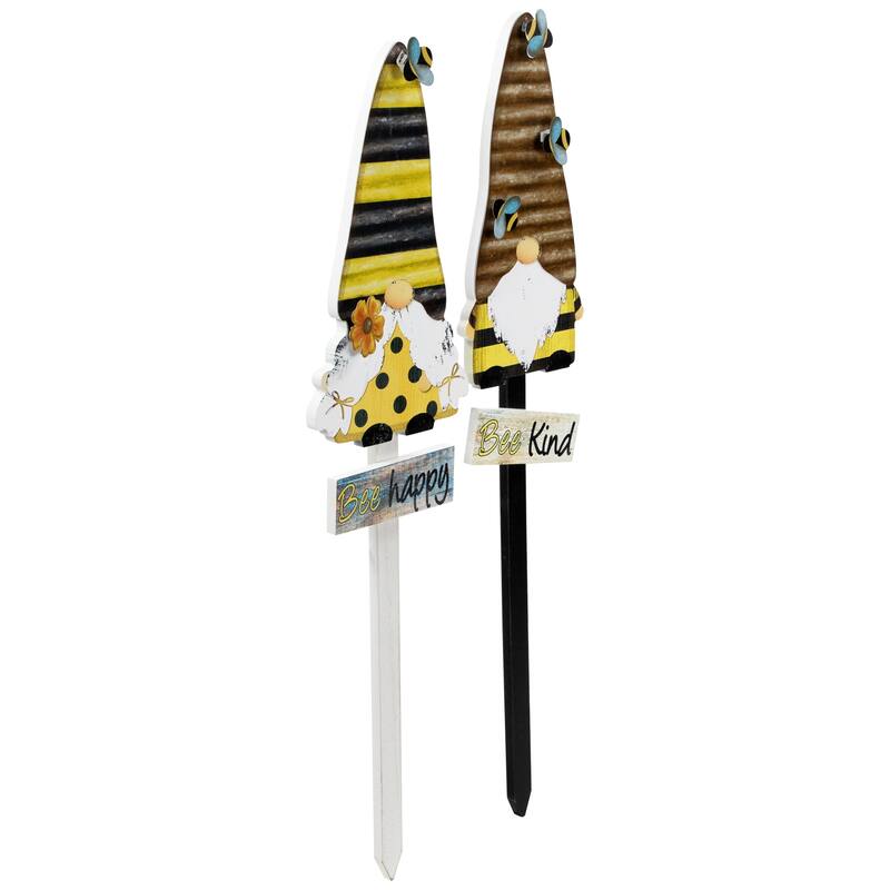 Bee Gnomes Wooden Garden Stakes - 24" - Set of 2