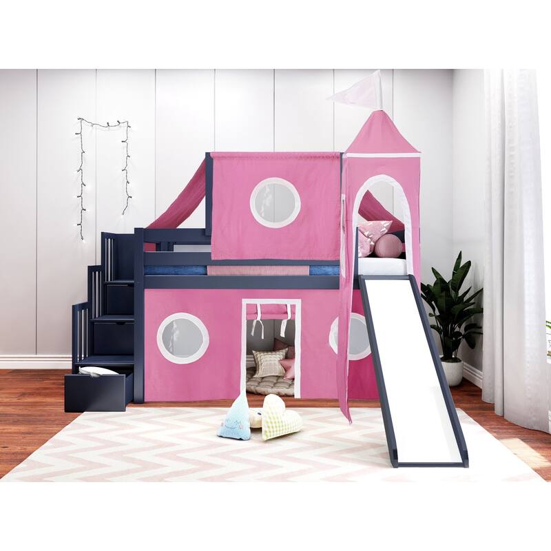 JACKPOT Prince & Princess Low Loft Twin Bed, Stairs Slide Tent & Tower