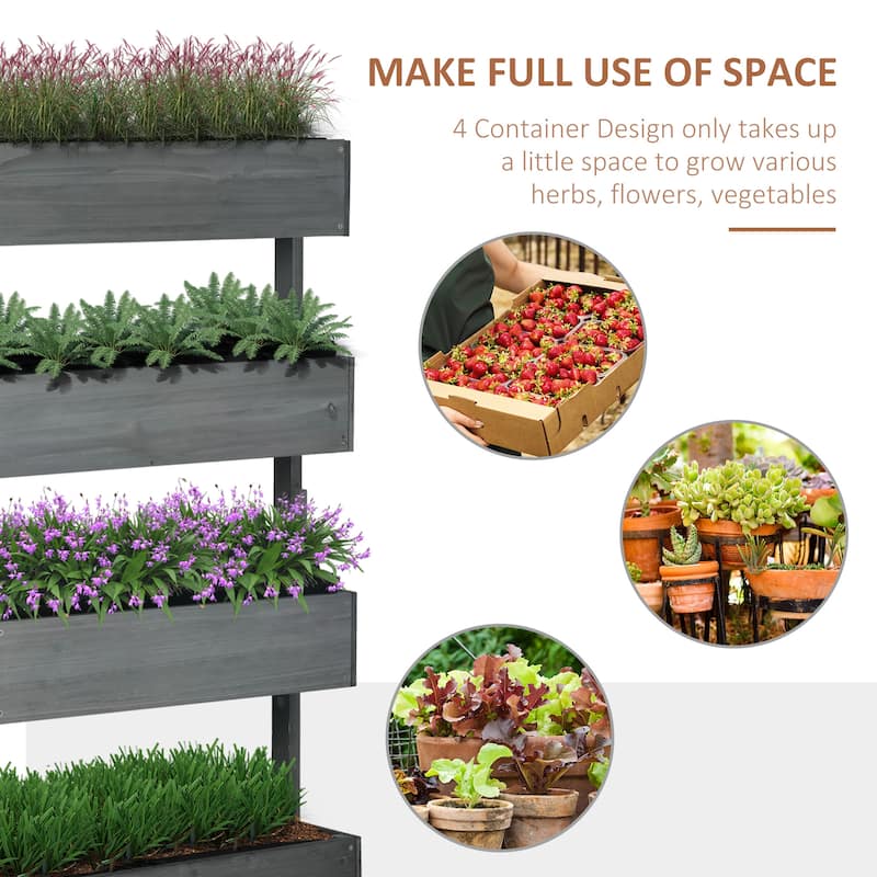 Gray Vertical Garden Planter Four Tier Fir Wood Elevated Flower Box for Patio Balcony and Small Garden