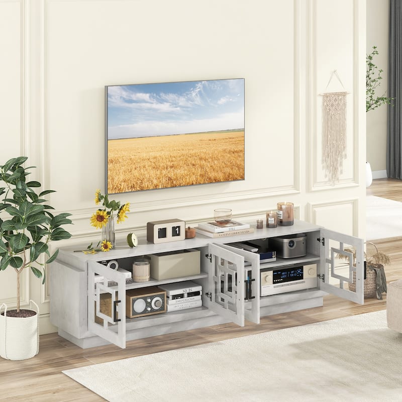 Gymax 4-Door Glass Entertainment Center Farmhouse TV Stand for TVs up