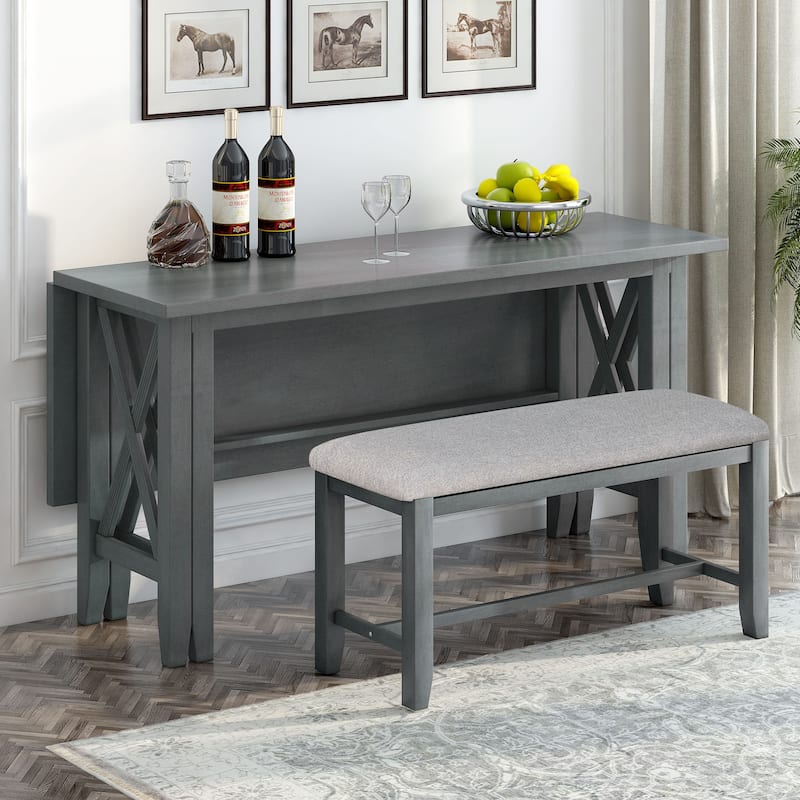 6 Pcs Dining Room Table Set with Foldable Table, Solid Wood Kitchen Dining Table Set with Bench and 4 Upholstered Chair